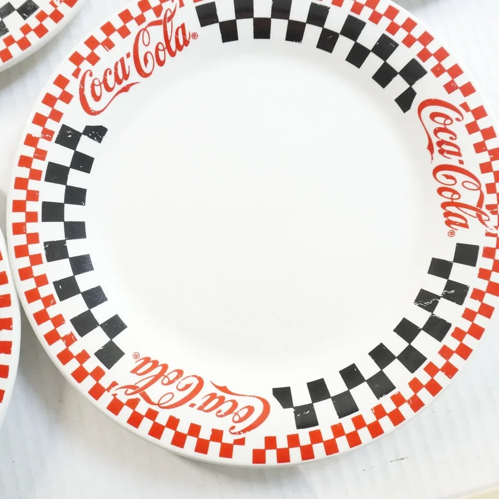 VTG Coca-Cola Gibson Dinner Plates Set 4 Checkerboard Border Collectible Dishes‎